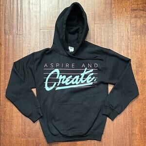 Aspire and Create Black Hoodie, Turquoise and Pink Graphic Print, Size S, NWOT